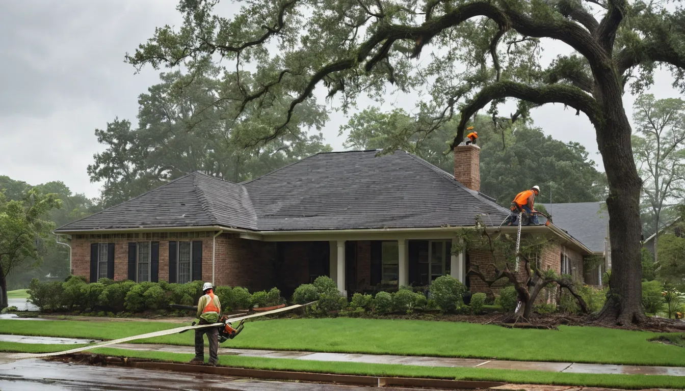 Provider crew clearing a fallen tree from a house roof after a storm in the Gadsden area
