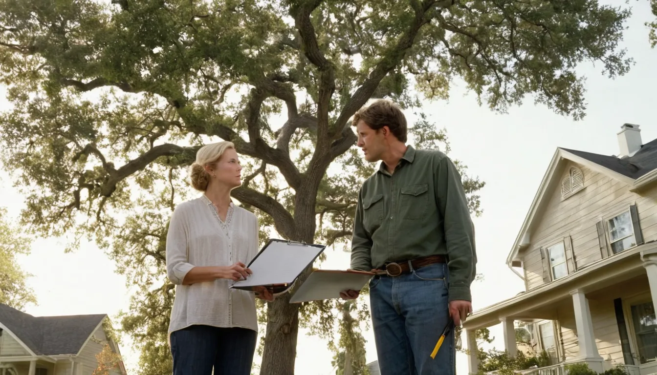 A homeowner talking with a local tree provider about a leaning tree in the Gadsden area