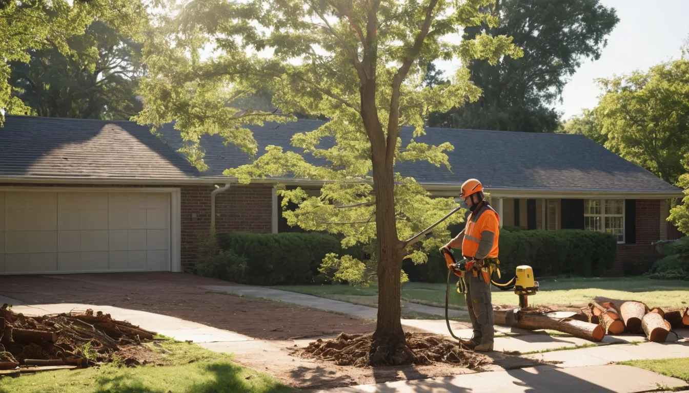 A tree removal provider working safely on a large backyard tree near a ranch-style home in Gadsden